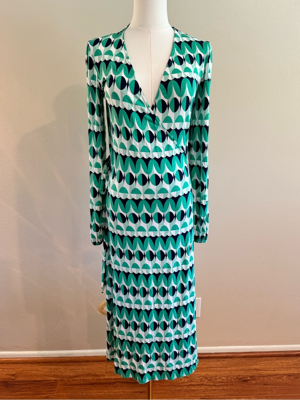 Boden Teal & White Geometric Long Sleeve Wrap Dress